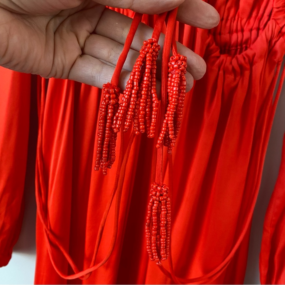 Farm Rio Ruched Cut Out Satin Maxi Dress‎ Red XS - Picture 5 of 9